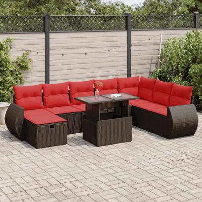Set mobilier grădină perne 9 piese negru poliratan/lemn acacia GartenMobel Dekor