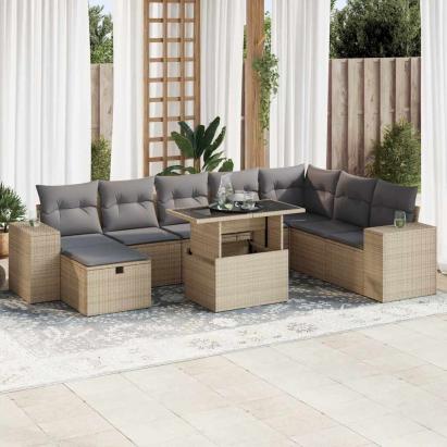Set canapele de grădină, 9 piese, cu perne, bej, poliratan GartenMobel Dekor