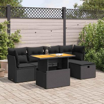 Set mobilier grădină perne 6 piese negru poliratan/lemn acacia GartenMobel Dekor
