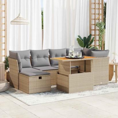 Set canapele grădină cu perne 7 piese bej poliratan/lemn acacia GartenMobel Dekor