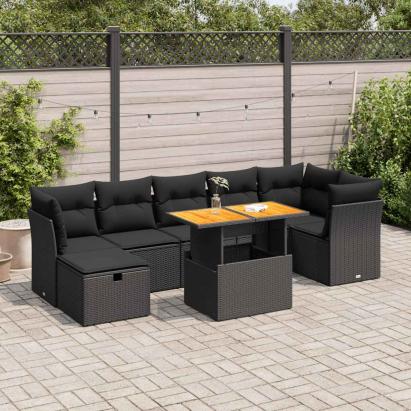 Set mobilier grădină perne 8 piese negru, poliratan/lemn acacia GartenMobel Dekor