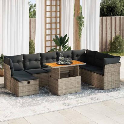 Set canapele grădină cu perne 9 piese gri poliratan/lemn acacia GartenMobel Dekor