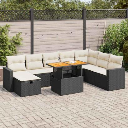 Set mobilier grădină perne 9 piese negru poliratan/lemn acacia GartenMobel Dekor