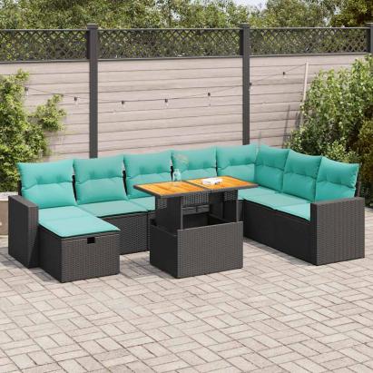 Set mobilier grădină perne 9 piese negru poliratan/lemn acacia GartenMobel Dekor
