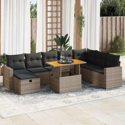 Set canapele grădină cu perne 9 piese gri poliratan/lemn acacia GartenMobel Dekor