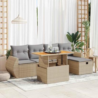 Set canapele grădină cu perne 6 piese bej poliratan/lemn acacia GartenMobel Dekor