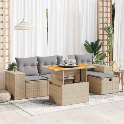 Set canapele grădină cu perne 6 piese bej poliratan/lemn acacia GartenMobel Dekor