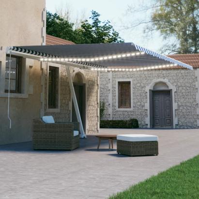 Copertină automată cu senzor vânt&LED, albastru/alb, 600x300 cm GartenMobel Dekor