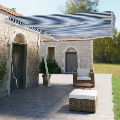 Copertină retractabilă manual, albastru și alb, 600x350 cm GartenMobel Dekor