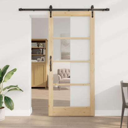 Ușă glisantă natural 93 x 211 cm Lemn masiv de pin și sticlă GartenMobel Dekor