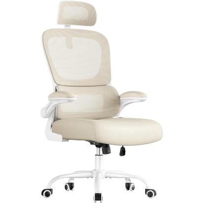 Scaun ergonomic de birou SONGMICS mesh bej, tetieră reglabilă și suport lombar