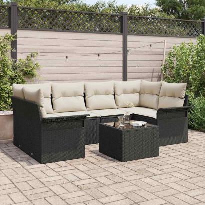 Set de canapele pentru grădină cu pernă 7 pcs Negru poliratan GartenMobel Dekor