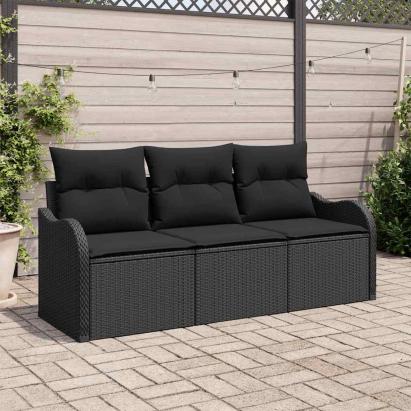 Set de canapele pentru grădină cu pernă 3 pcs Negru poliratan GartenMobel Dekor