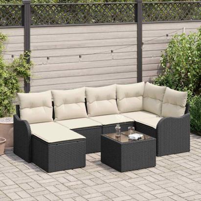Set de canapele pentru grădină cu pernă 7 pcs Negru Rattan poli GartenMobel Dekor