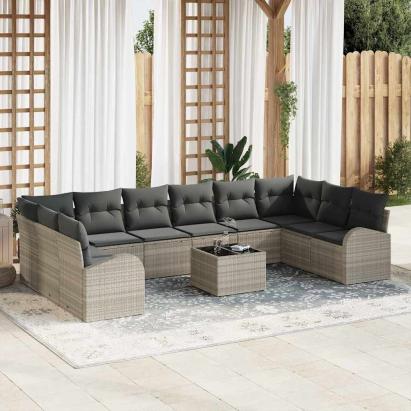 Set de canapea cu pernă 11 pcs Gri deschis Poliratan GartenMobel Dekor