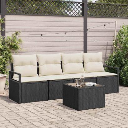 Set de canapea 5 pcs Negru și Crem poliratan GartenMobel Dekor