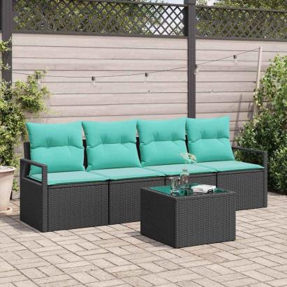 Set de canapea 5 pcs Negru și Turcoaz poliratan GartenMobel Dekor