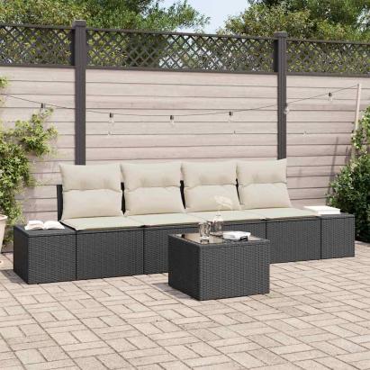 Set de canapea cu pernă Manual 5 pcs Negru și Crem poliratan GartenMobel Dekor