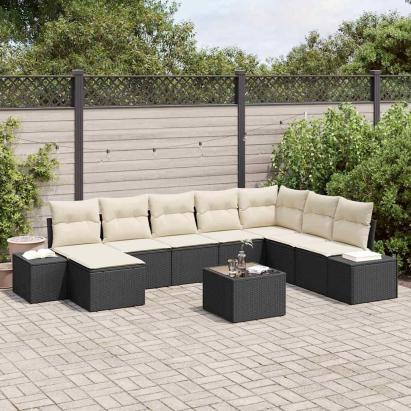Set de canapele pentru grădină cu pernă 9 pcs Negru poliratan GartenMobel Dekor