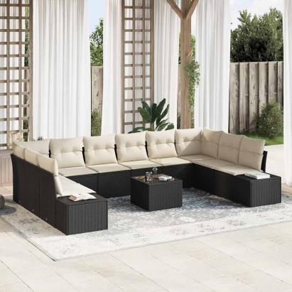 Set de canapele pentru grădină cu pernă 11 pcs Negru poliratan GartenMobel Dekor