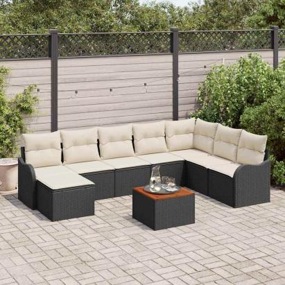 Set de canapele pentru grădină cu pernă 9 pcs Negru poliratan GartenMobel Dekor