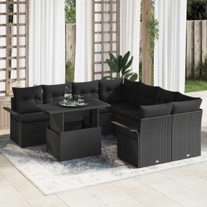 Set de canapele pentru grădină cu pernă 9 pcs Negru Rattan poli GartenMobel Dekor