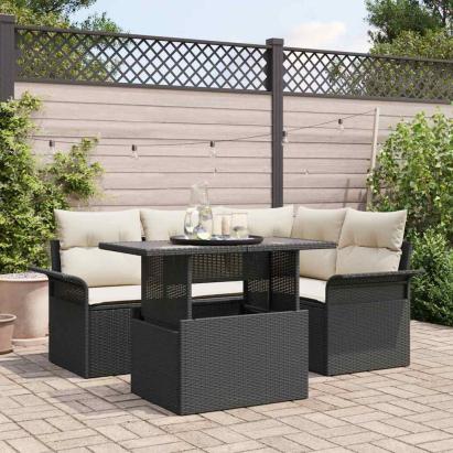 Set de canapele pentru grădină cu pernă 5 pcs Negru Rattan poli GartenMobel Dekor