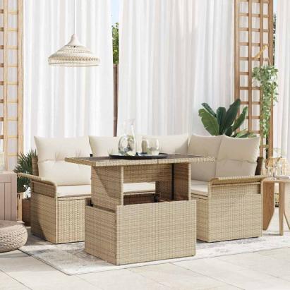 Set de canapele pentru grădină cu pernă 5 pcs Bej Rattan poli GartenMobel Dekor