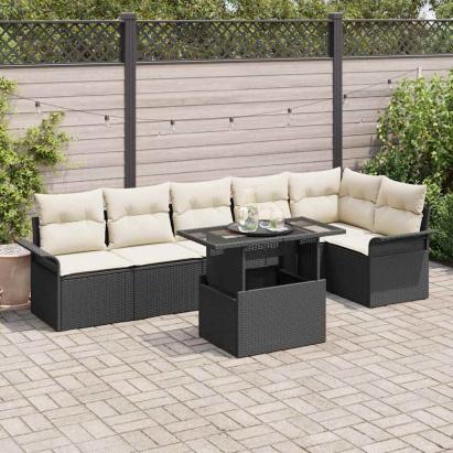 Set de canapele pentru grădină cu pernă 7 pcs Negru Rattan poli GartenMobel Dekor