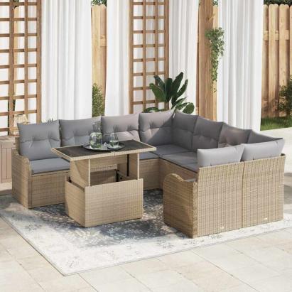 Set de canapele pentru grădină cu pernă 9 pcs Bej Rattan poli GartenMobel Dekor