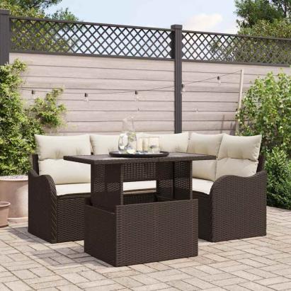 Set dining pentru exterior cu pernă 5 pcs Maro Rattan poli GartenMobel Dekor