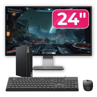 Pachet Mini PC Second Hand Lenovo ThinkCentre M70q, Intel Pentium Gold G6400T 3.40GHz, 8GB DDR4, 256GB SSD + Monitor 24" + cadou tastatura si mouse OptimX Pro KM500 NewTechnology Media