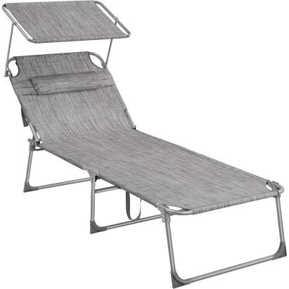 Sezlong pliabil SONGMICS cu parasolar, tetiera si spatar reglabil, gri