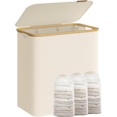 Coș de rufe textil SONGMICS, pliabil, 3 compartimente detașabile, 150L, crem