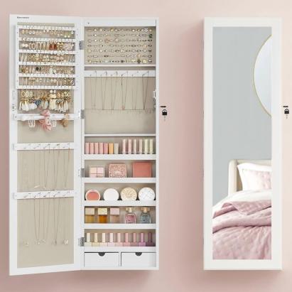 Dulap pentru bijuterii cu oglinda SONGMICS, montare pe perete sau usa, alb