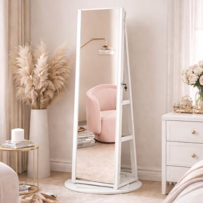 Oglindă de podea SONGMICS cu rotire 360°, LED și spațiu pentru bijuterii