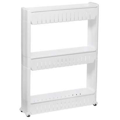 Raft mobil ingust Sersimo HA110 cu 3 polite si roti, alb, pentru baie si bucatarie