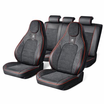 Set huse scaune auto Premium, model BLAZE Torque, design Sportiv,  universale, ergonomice, Piele Ecologica cu insertii textile, culoare Negru/Rosu FAVLine Selection