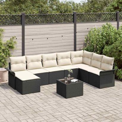 Set de canapele pentru grădină cu pernă 9 pcs Negru Rattan poli GartenMobel Dekor