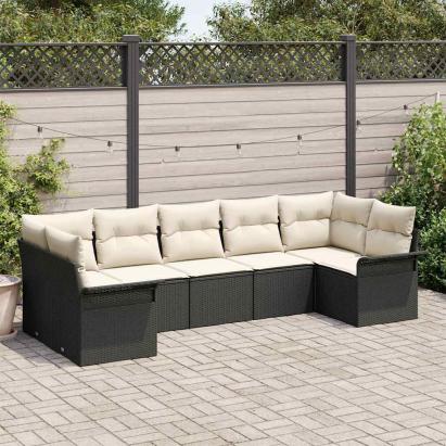 Set de canapele pentru grădină cu pernă 7 pcs Negru poliratan GartenMobel Dekor