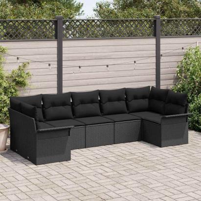 Set de canapele pentru grădină cu pernă 7 pcs Negru poliratan GartenMobel Dekor
