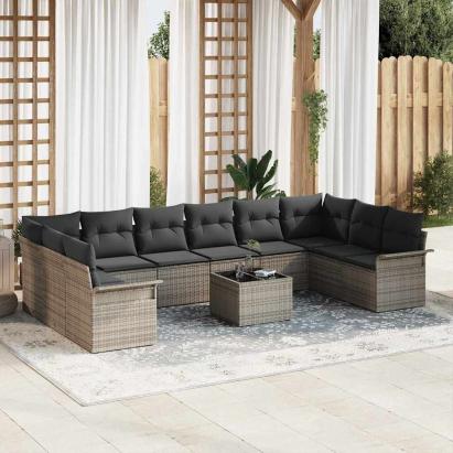 Set de canapele pentru grădină cu pernă 11 pcs Gri Rattan poli GartenMobel Dekor