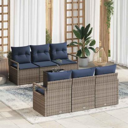 Set de canapea cu pernă Manual 7 pcs Gri și bleumarin poliratan GartenMobel Dekor