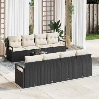 Set de canapea cu pernă Manual 7 pcs Negru și Crem poliratan GartenMobel Dekor