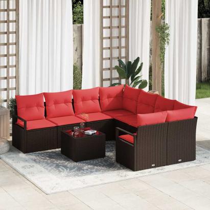 Set de canapea cu pernă Manual 9 pcs Maro și roșu poliratan GartenMobel Dekor