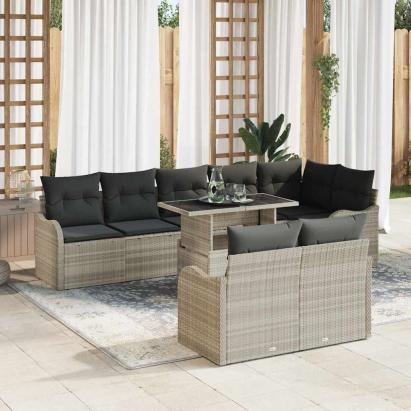 Set de lounge cu pernă 9 pcs Gri deschis Rattan poli GartenMobel Dekor