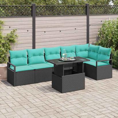 Set de canapele pentru grădină cu pernă 7 pcs Negru și Albastru GartenMobel Dekor