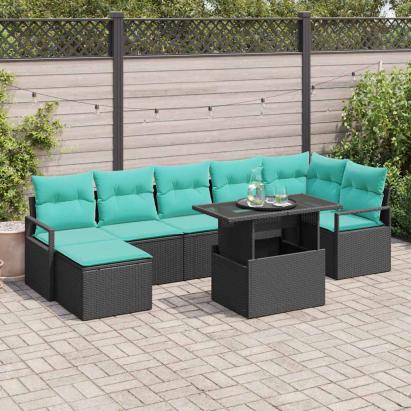 Set de canapele pentru grădină cu pernă 8 pcs Negru și Albastru GartenMobel Dekor