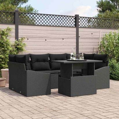 Set de canapele pentru grădină cu pernă 7 pcs Negru poliratan GartenMobel Dekor