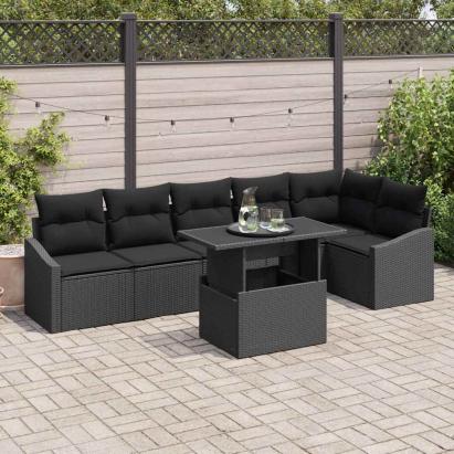 Set de canapele pentru grădină cu pernă 7 pcs Negru poliratan GartenMobel Dekor